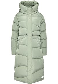 Pitkä, vaaleanvihreä untuvatakki, jossa on korkea kaulus, vaakasuorat tuftokuvioinnit, edessä vetoketju ja sivutaskut.