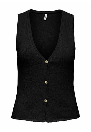 Černý bezrukávový cardigan s výstřihem do V, strukturovaná tkanina a pět zlatých knoflíků uprostřed. Uklizený lem a jednoduchý design.
