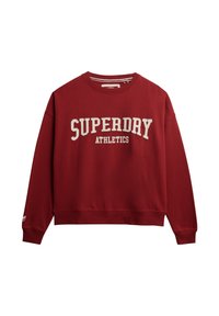 Sudadera roja con cuello redondo, que presenta "SUPERDRY ATHLETICS" en letras blancas en el pecho. Puños y bajo acanalados. Textura suave.