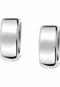 Polierte silberne Creolen mit einer eleganten, rechteckigen Form und glatter Oberfläche. Einfaches Design mit einem sicheren Verschlussmechanismus.