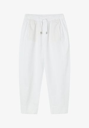 Białe casualowe spodnie z elastycznym pasem, ściągaczem oraz bocznymi kieszeniami, przedstawione na gładkim tle.
