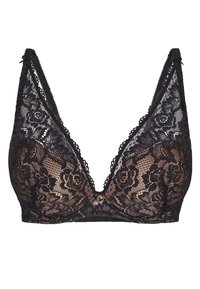 Soutien-gorge en dentelle noire avec un décolleté plongeant, des motifs floraux et des bretelles réglables. Dispose d'un accent décoratif doré au centre.