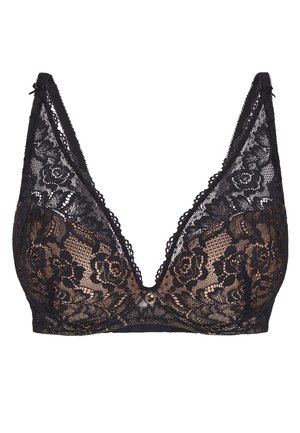 Soutien-gorge en dentelle noire avec un décolleté plongeant, des motifs floraux et des bretelles réglables. Dispose d'un accent décoratif doré au centre.