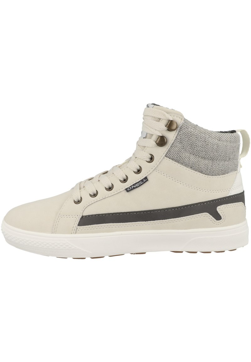 Sneakers altos en crema y gris, con un upper texturizado, diseño de cordones, raya lateral en gris oscuro y suela de goma.