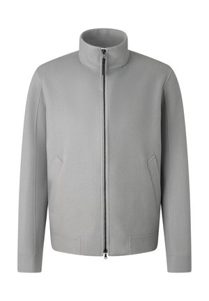 Gray fleece jacket with a high collar, front zipper, and side pockets. Simple design with a smooth texture and tailored fit.