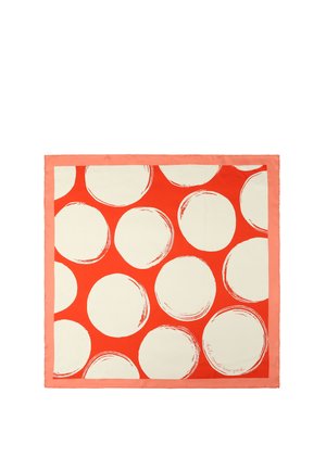 Silk scarf featuring a bold red background with large white circles outlined in brown. Edged with a peach border.