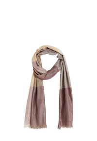 Écharpe légère avec un design dégradé de rayures beige, rose et bordeaux, agrémentée de fils métalliques discrets et de bords à franges.