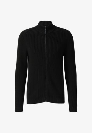 Crna pletena zip-up dukserica s visokim ovratnikom, rebrastom teksturom, dugim rukavima i bočnim džepovima. Jednostavan, funkcionalan dizajn s prilagođenim oblikom.