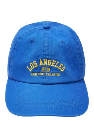 Modrá baseballová čiapka so žltým vyšívaným textom "LOS ANGELES 1991 ATHLETICS CHAMPION" vpredu v strede.