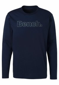 Navy Langarm-T-Shirt aus Baumwolle mit einem großen grauen "Bench."-Logo auf der Vorderseite. Klassischer Rundhalsausschnitt, normale Passform.