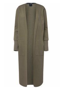 Lang, åben-front cardigan i olivengrøn, lavet af blødt materiale. Har lange ærmer og to frontlommer. Glat tekstur, ingen mønstre.