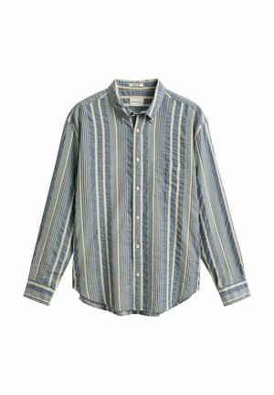 Chemise à manches longues à rayures verticales bleues et beiges, munie de boutons, avec col et poche poitrine, présentée sur un fond blanc.