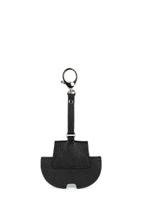 Portachiavi in pelle nera con texture, dotato di una base rotonda, un gancio e un piccolo pattino. Presenta una cinghia liscia per l'attacco.