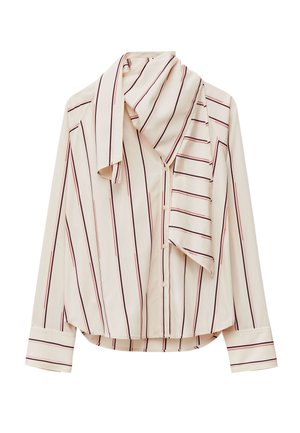 Cream long-sleeve button-up blouse with black and red vertical stripes and an attached matching scarf around the collar.