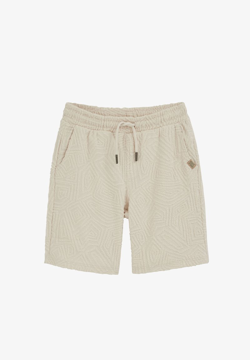 Shorts en tissu beige texturé avec taille élastique, cordon de serrage, poches latérales et une petite étiquette logo sur le côté droit.