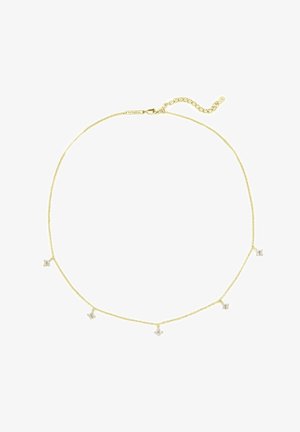 Collier délicat en chaîne dorée avec cinq petits charms en cristal en forme de diamant, espacés uniformément le long de la chaîne et fermoir réglable.