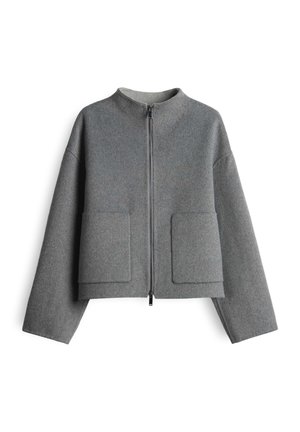 Gray zip-up jacket with a short, boxy fit, long sleeves, and two large square pockets on the front.