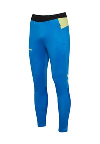 Niebieskie legginsy sportowe z czarnym pasem i żółtymi akcentami. Wykonane z gładkiego, elastycznego materiału, charakteryzują się dopasowanym krojem i bocznymi kieszeniami.