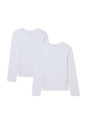Due magliette bianche a manica lunga in cotone morbido, con scollature rotonde e orli dritti, esposte una accanto all'altra.