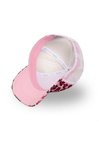 Gorra de malla rosa con visera de estampado de leopardo, con un exterior de tela suave, forma estructurada y banda interna ajustable.