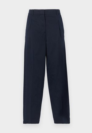 Pantalones de pierna ancha en azul marino con cintura alta, frente plisado y tela lisa. Presentan trabillas para cinturón y un corte clásico adecuado para diversas ocasiones.