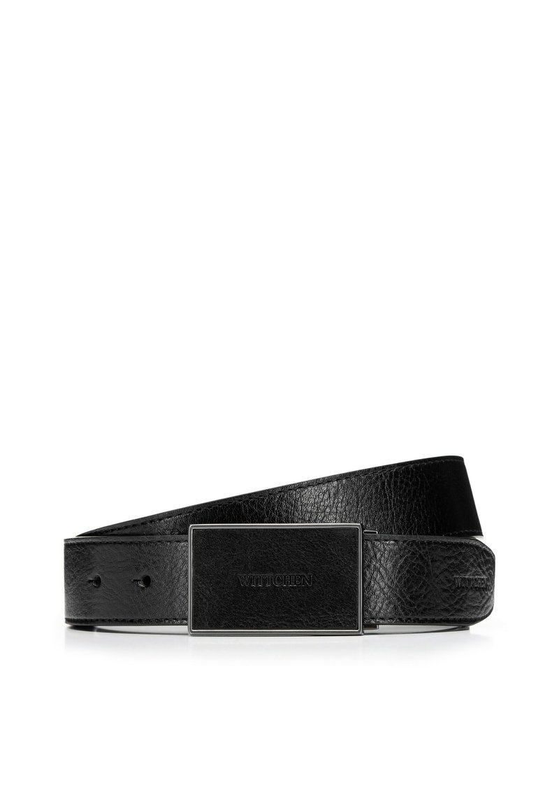 Cintura in pelle nera con una texture liscia, dotata di una fibbia rettangolare in tonalità argento incisa con "WITTCHEN". Design classico.