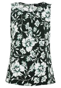 Haut sans manches fleuri en tissu vert foncé, orné de fleurs blanches et vert menthe, avec un design plissé à l'avant et un col rond.