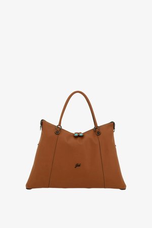 Sac fourre-tout en cuir marron avec deux poignées, logo noir centré, et petites fermetures boutons turquoise en haut au centre.