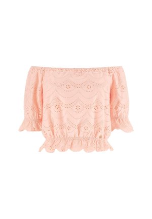 Hellrosa schulterfreie Bluse mit Lochstickerei in Blumenmuster, welligem Saum und dreiviertel Puffärmeln mit elastischen Bündchen.