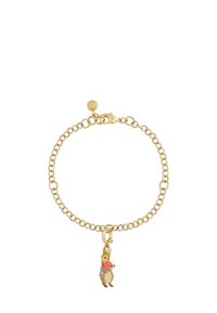 Gold chain bracelet with a small charm of a rabbit wearing a blue jacket and red scarf hanging from it.