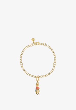 Gold chain bracelet with a small charm of a rabbit wearing a blue jacket and red scarf hanging from it.