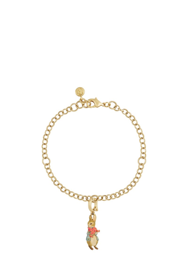 Gold chain bracelet with a small charm of a rabbit wearing a blue jacket and red scarf hanging from it.