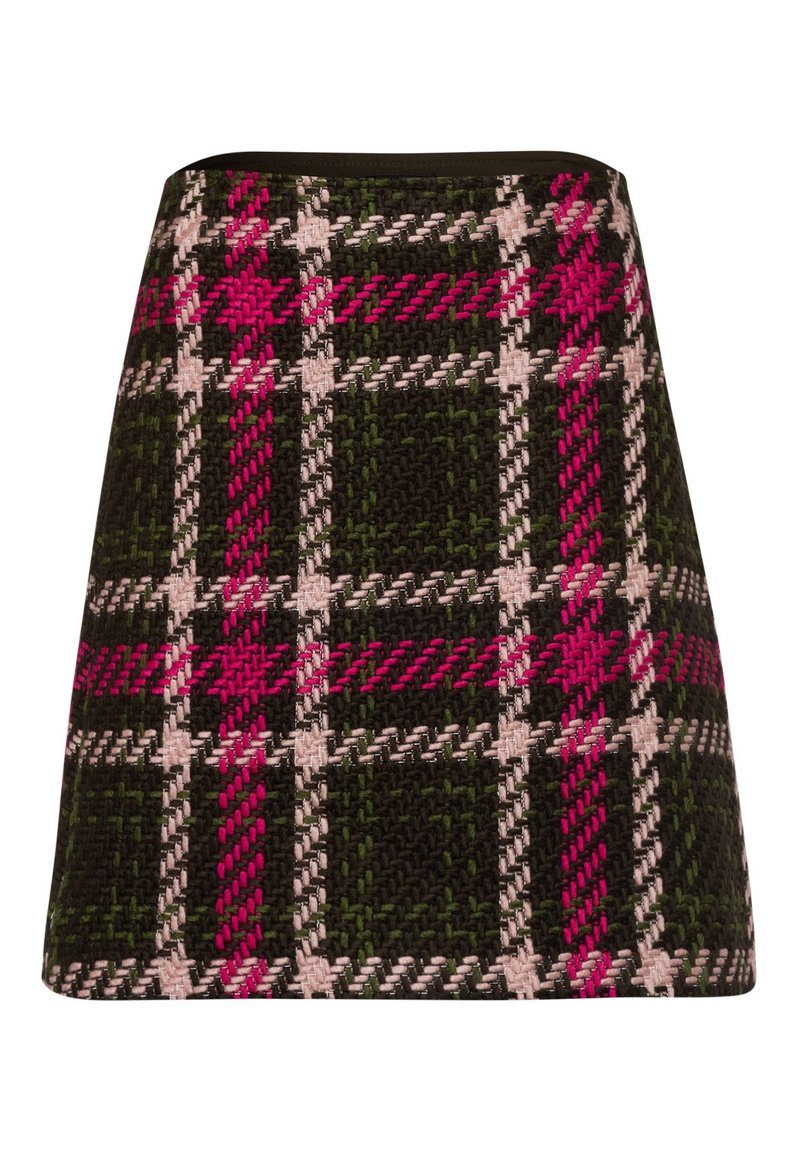 Mini-jupe en tartan en laine présentant un mélange de motifs à carreaux verts foncés, roses et blancs. Forme structurée avec une taille propre et renforcée.