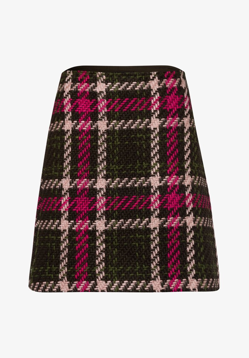 Mini-jupe en tartan en laine présentant un mélange de motifs à carreaux verts foncés, roses et blancs. Forme structurée avec une taille propre et renforcée.