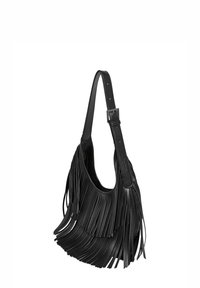 Mustast nahast õlakott franslitega. Omab lamedat rihma ja ümardatud kehaosa, näidates sujuvat tekstuuri ja minimalistlikku riistvara.