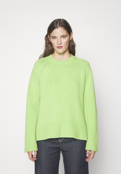 Femme portant un pull en tricot vert vif et un jean bleu foncé, se tenant devant un fond blanc uni avec une expression neutre.