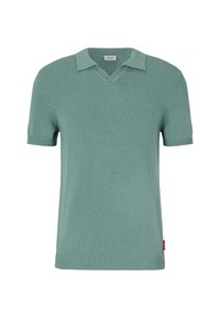 Polo shirt a maniche corte di colore verde menta in maglia, con scollatura a V, polsini e orlo a costine. Realizzato in materiale morbido, presenta una texture delicata e un dettaglio di branding.