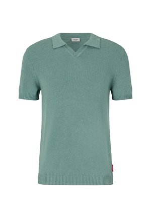 Koszulka polo z krótkim rękawem w miętowym kolorze, wykonana z dzianiny, z dekoltem w kształcie V, ściągaczami na rękawach i na dole. Wykonana z miękkiego materiału, z delikatną teksturą i detalem z logo.