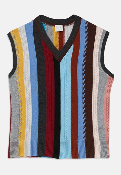 Gilet lavorato a maglia con scollo a V, caratterizzato da strisce verticali multicolore in diverse trame e motivi a treccia, con bordi a costine.