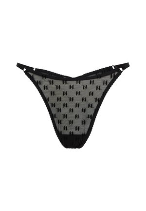 String en dentelle noire avec un tissu en mesh transparent arborant un motif logo répétitif, fini avec des bords festonnés et des bretelles ajustables.