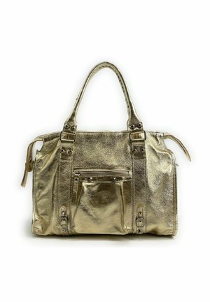 Sac à main en cuir doré brillant avec doubles poignées, poche zippée devant, et sangles latérales réglables sur fond blanc.