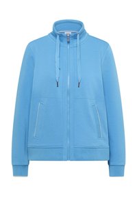 Sweat-shirt zippé bleu clair avec col montant, capuche à cordon, poignets côtelés et deux poches avant aux ouvertures verticales.