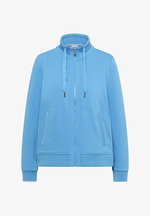 Sweat-shirt zippé bleu clair avec col montant, capuche à cordon, poignets côtelés et deux poches avant aux ouvertures verticales.