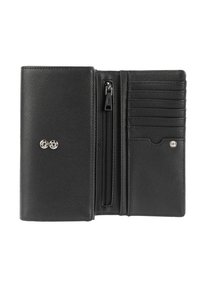 Zwarte leren portemonnee met een gestructureerde afwerking, voorzien van een centrale ritszak, meerdere kaartvakjes en accenten van zilverkleurig metaal.