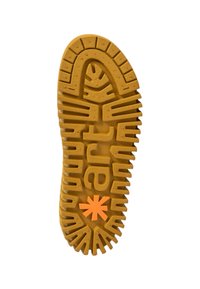 Zool van een schoen in gele rubber met een patroon voor grip, voorzien van uitsparingen en een oranje steraccent in het midden.
