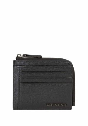Porte-cartes en cuir noir Valentino avec quatre fentes pour cartes et une poche à monnaie zippée sur le dessus.