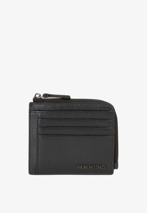 Porte-cartes en cuir noir Valentino avec quatre fentes pour cartes et une poche à monnaie zippée sur le dessus.