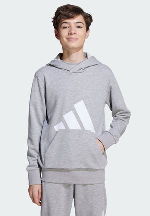 Felpa grigia realizzata in tessuto morbido, con un grande logo bianco Adidas sul davanti e una tasca a marsupio. Maniche lunghe con polsini a coste.