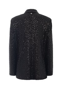 Giacca nera con texture di paillettes, maniche lunghe e colletto a revers. Presenta un taglio dritto e un retro semplice.
