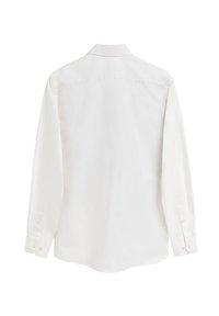 Camicia bianca a maniche lunghe con colletto classico, polsini con bottone e tessuto leggero e morbido. Design semplice e pulito, senza motivi.